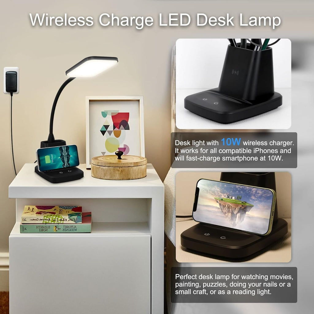 LED desk lamp with phone charging on built-in wireless pad