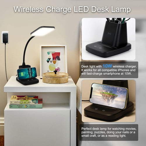 LED desk lamp with phone charging on built-in wireless pad