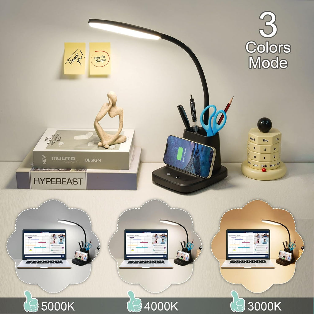Adjustable gooseneck LED desk lamp with touch dimmer controls