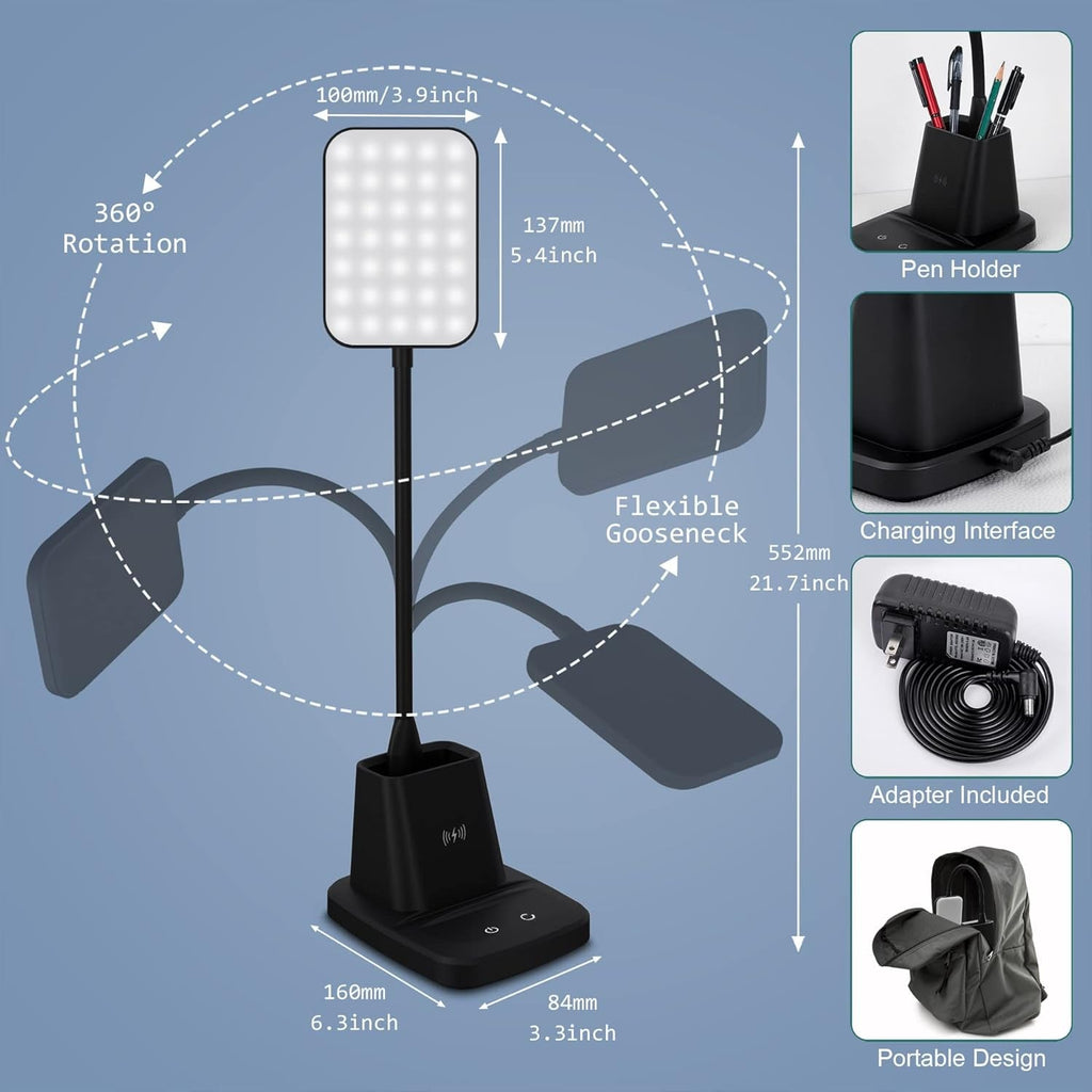 LED desk lamp with wireless charger for dorm room study desk