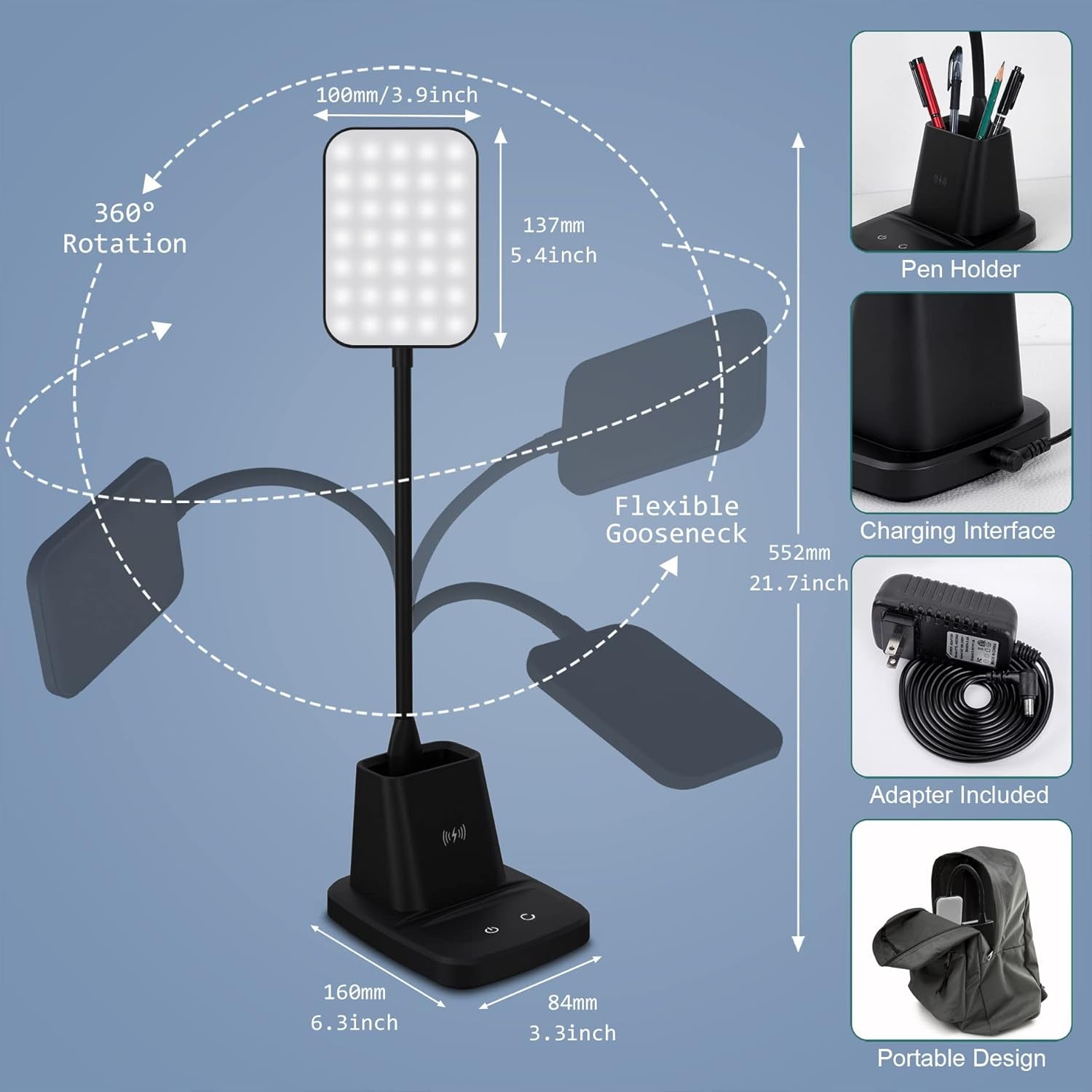 LED desk lamp with wireless charger for dorm room study desk