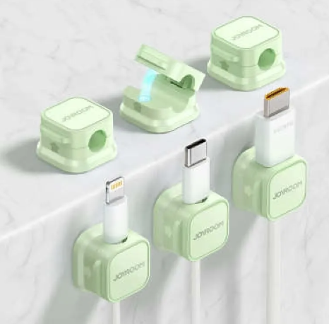 Cable organizer clip with phone charging cable attached