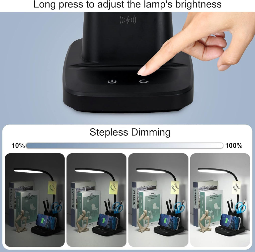 Dimmable LED desk lamp with pen holder and phone stand