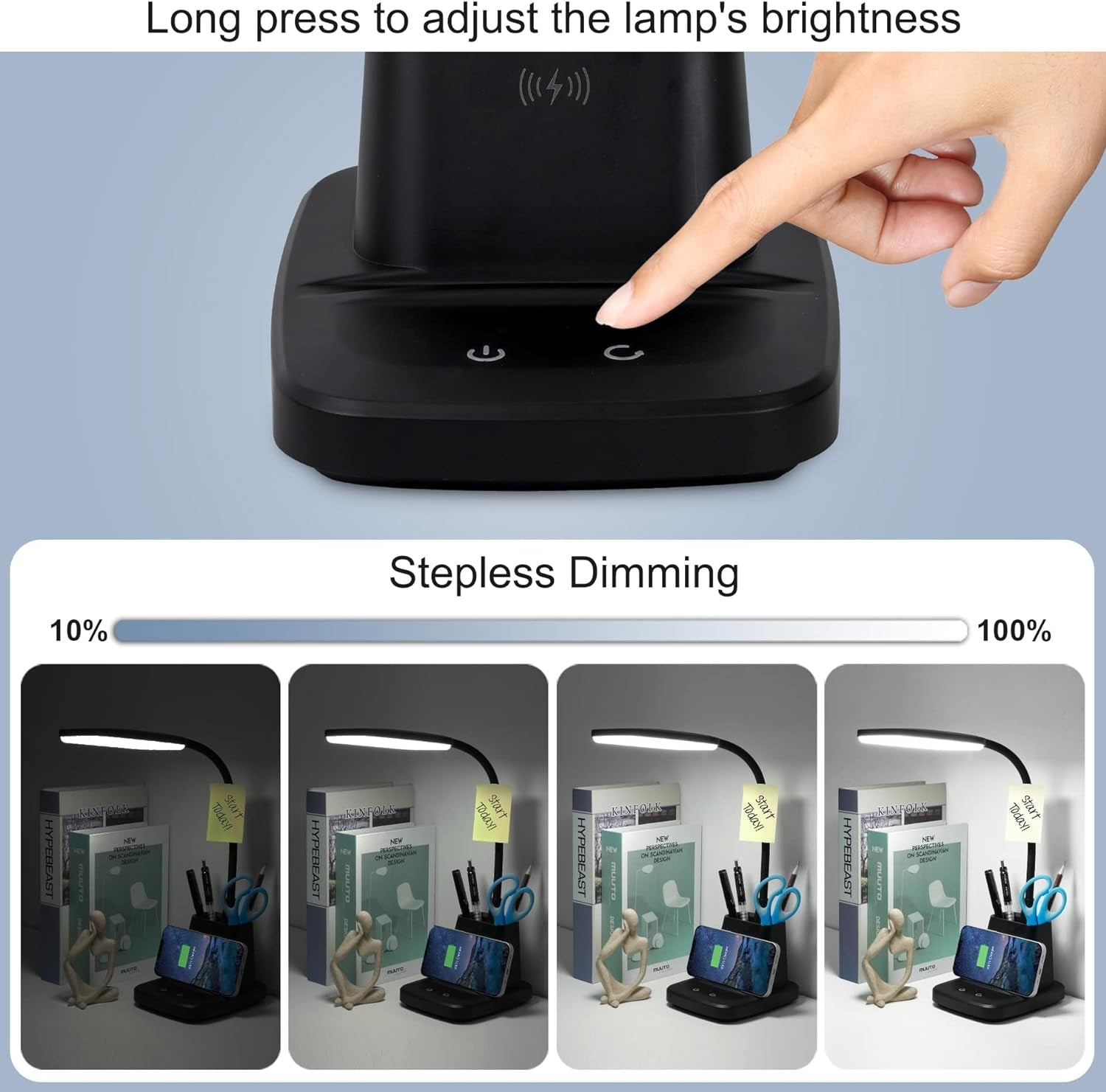 Dimmable LED desk lamp with pen holder and phone stand