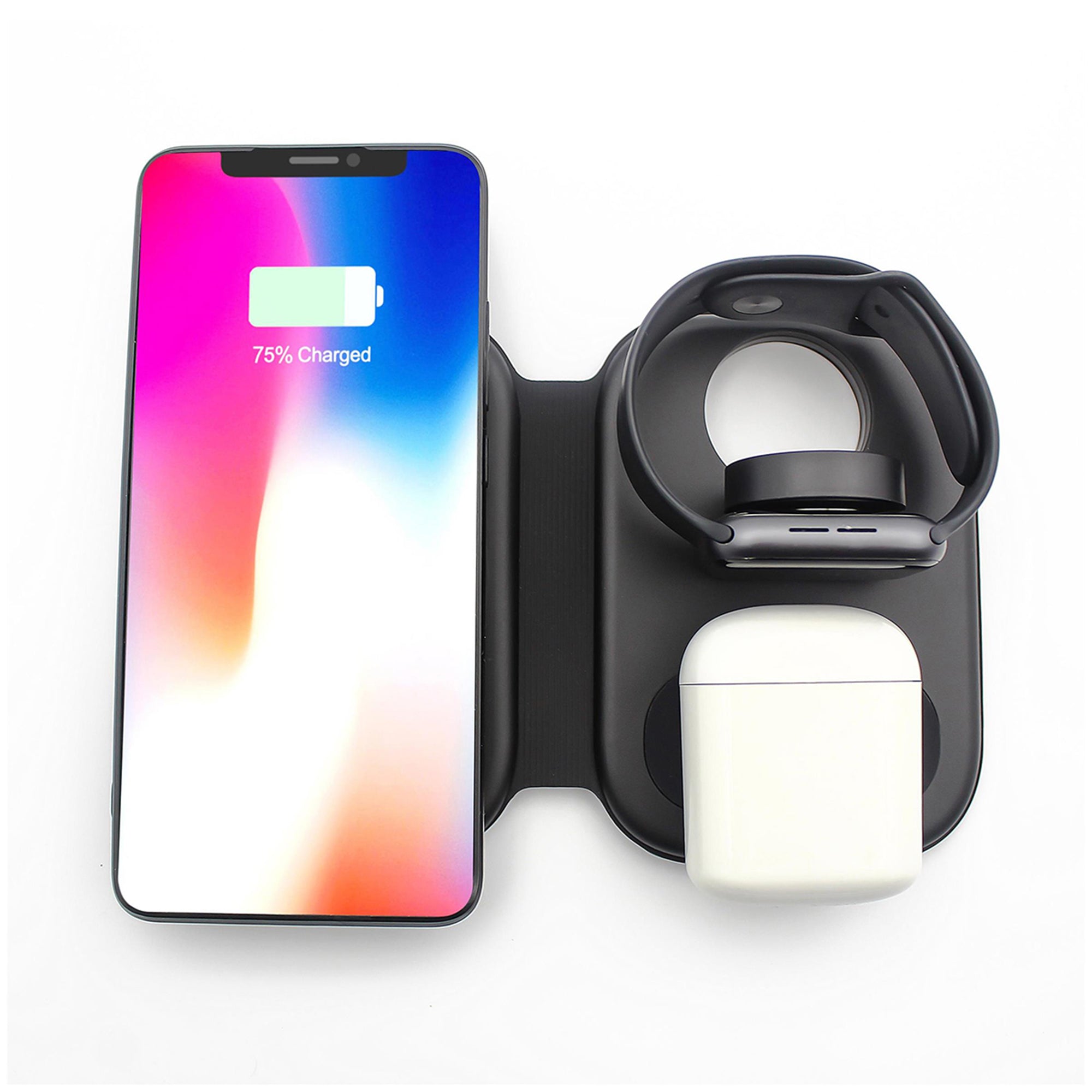 Foldable wireless charging station charging iPhone and Apple Watch